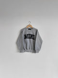 Grey kids sweatshirt with 'MINI' print on a hanger against a plain background, mini, matching sweaters, baby, toddler sweater, kids