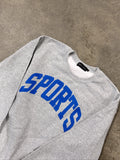Gray sweatshirt with blue 'SPORTS' text on a concrete floor, Blue jays, Toronto Maple leafs, Sporty GF, Sporty Chic, Athletic, Sports, Baseball, Hockey, cozy