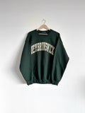 Green sweatshirt with 'New Brunswick' text on a hanger against a white background, NB, New Brunswick, Retro, Retro vibe, vintage, dads sweater, cozy