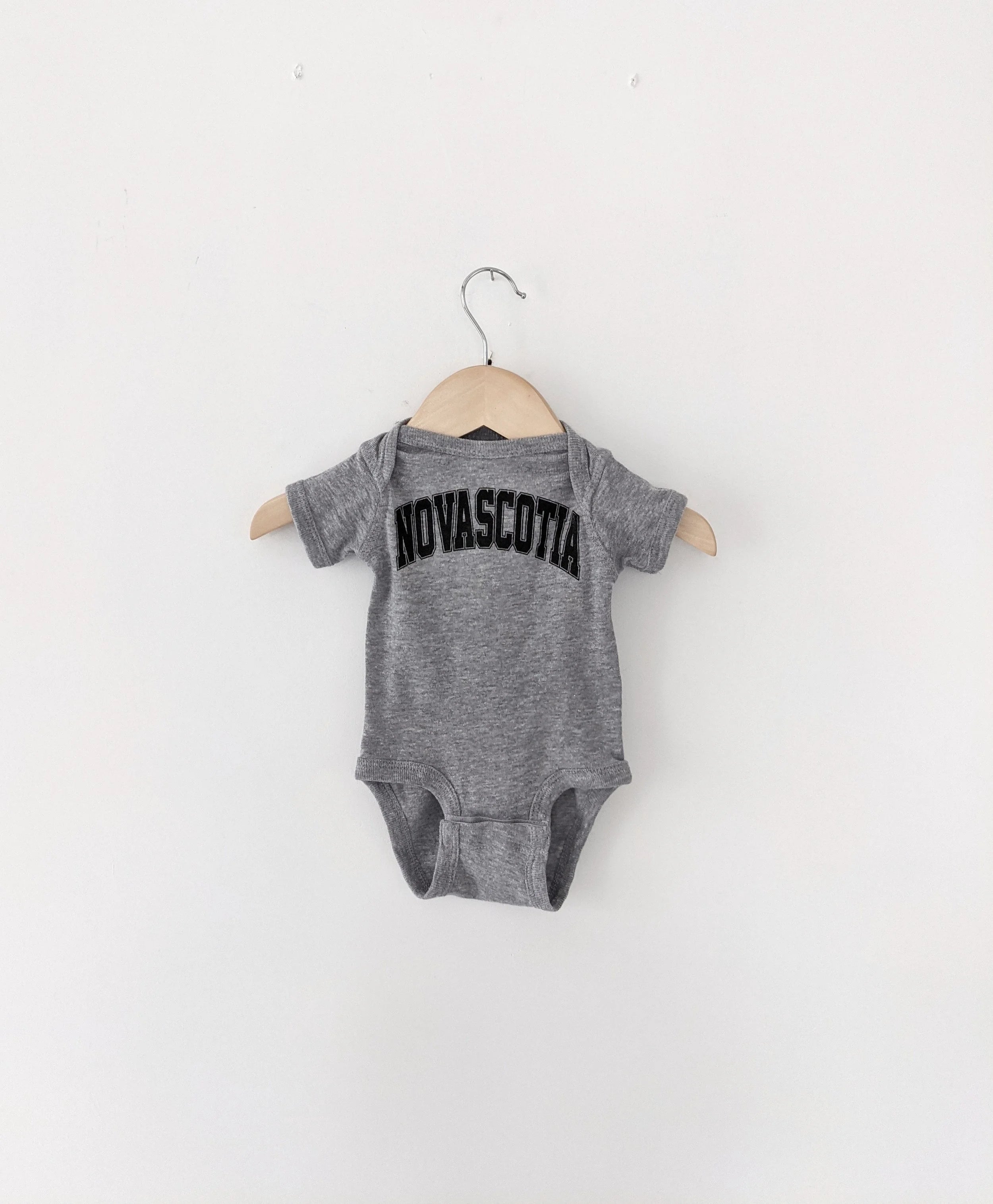Grey baby onesie with 'NOVA SCOTIA' text on a white background, Baby, Jumper, baby jumper, Nova Scotia, Cute, Baby Clothes, Baby Shower Gift, maritimes, NS