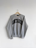 Grey sweatshirt with 'ONTARIO' text on a hanger against a white background, ontario, Canada, Cozy, gift ideas, Toronto