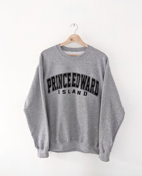 Grey sweatshirt with 'Prince Edward Island' text on a white background, Cozy sweater, Prince Edward Island, Maritimes