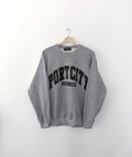 Grey sweatshirt with 'Port City Saint John' text on a white background, Saint John, New Brunswick, Tourism, Port City, Cozy sweater, Cozy
