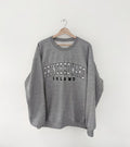 Grey sweatshirt with 'Prince Edward Island' text on a white background, embroidered style, cozy sweater, Prince Edward Island
