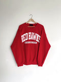 Red sweatshirt with 'RED HAWKS' text on a white background, Rothesay High School, Red Hawks, School merch